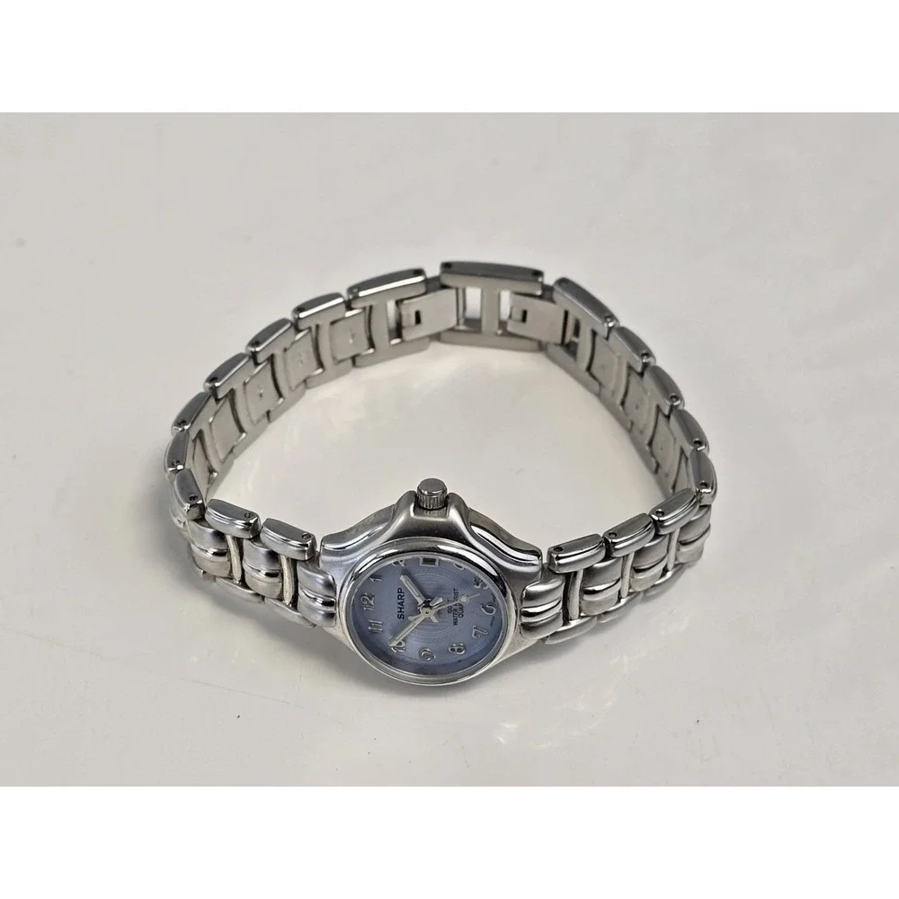 Sharp Purple Dial Date Indicator Silver Tone Round Case Linkn‎ Band Quartz Watch